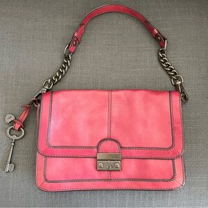 Subtle red Fossil Leather Shoulder Bag with Chain Strap - Great condition!